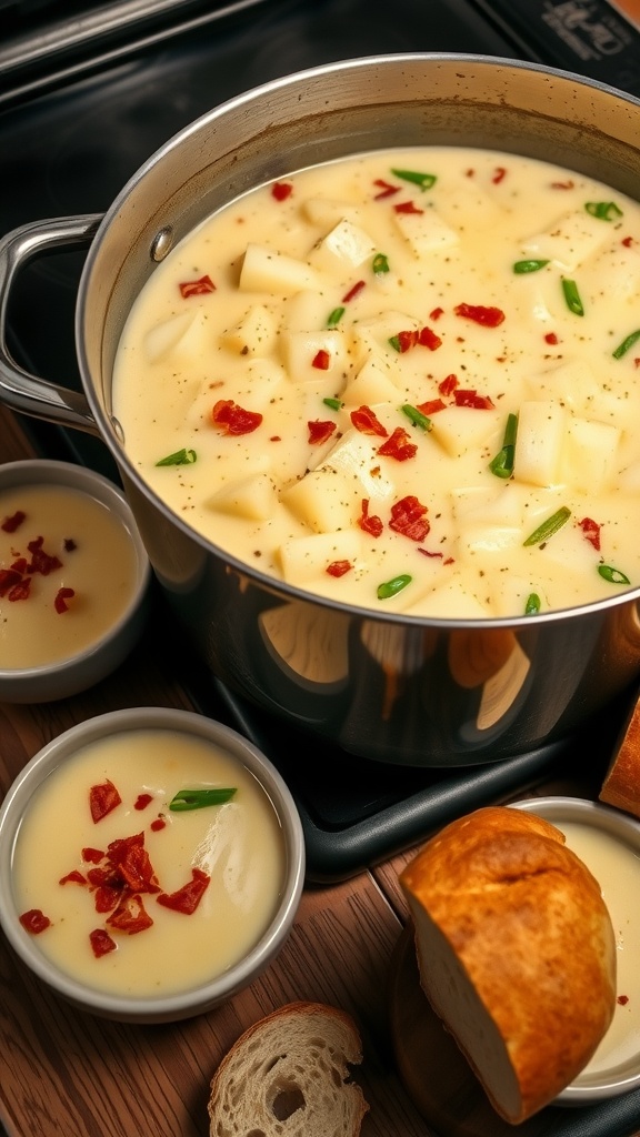 A bubbling pot of creamy potato soup garnished with bacon and green onions, served in bowls with bread on the side.